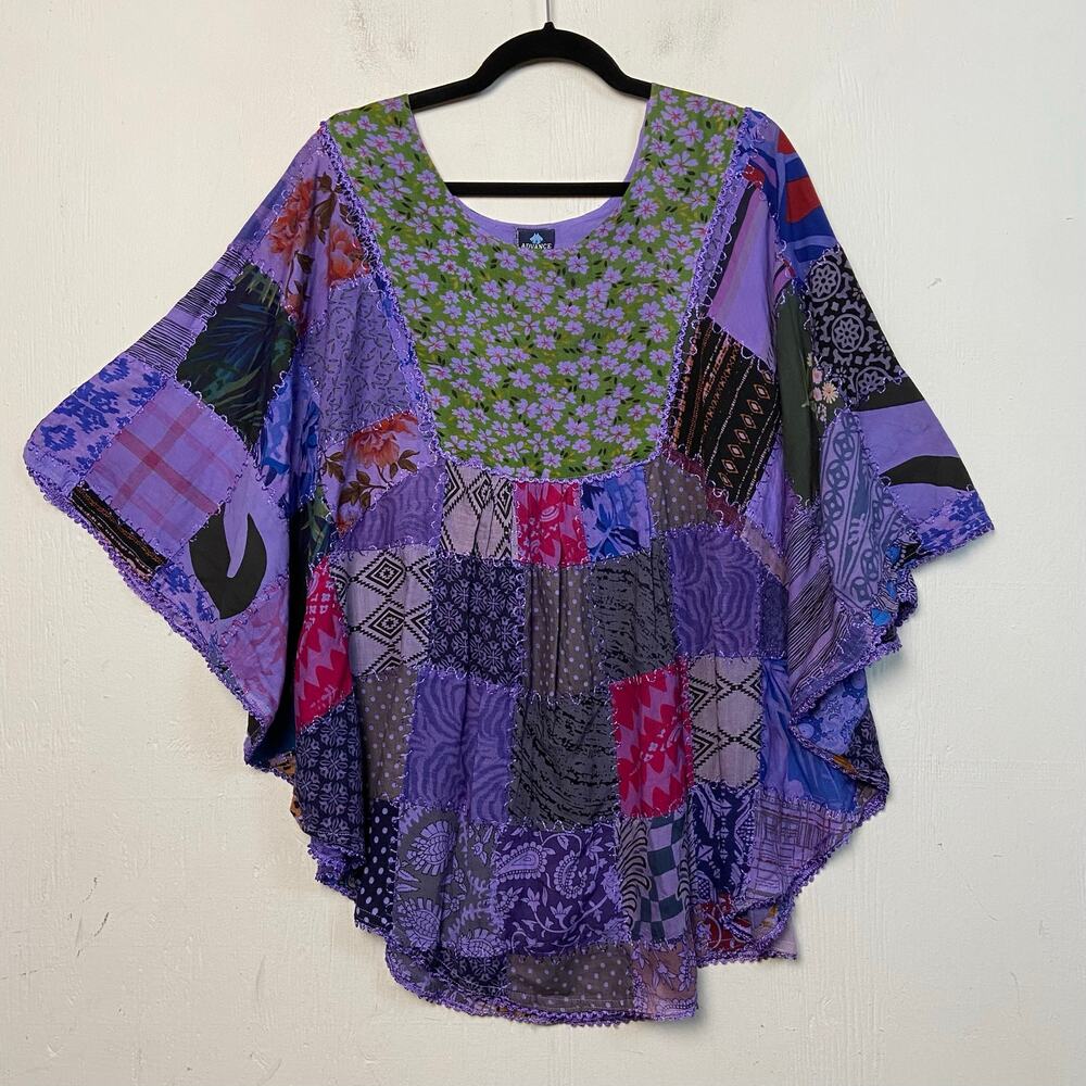 Advance Apparels Purple Patchwork Boho Arsty Lagenlook Blouse Top NWT One Size
